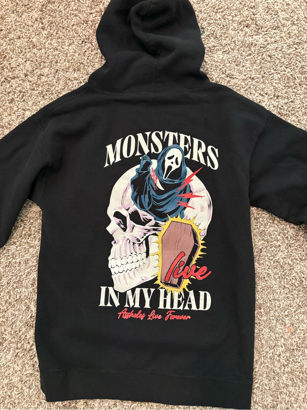 Black Graphic Hoodie with 'Monsters In My Head' Skull Print
